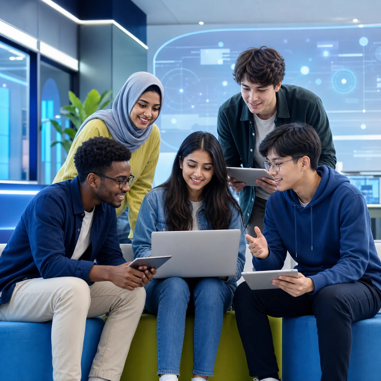 A diverse group of college students learning practical AI together